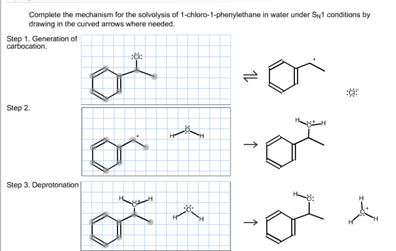 Image for Complete the mechanism for the solvolysis of 1-chloro-1-phenylethane in water under SN1 conditions by drawin