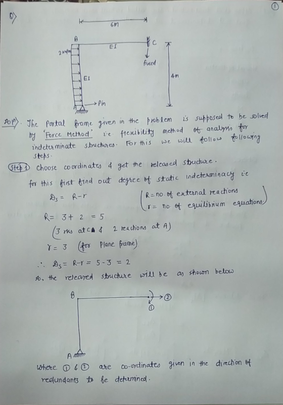 6Im Er ined EI 4m >Pin o In me ven in the prob lem s supposecl to be soled Force Mchod ve ftcxibiit mchod et anamo tr 2ndcth minate stru choes. Or this we wiU follow toll。 ng stehs Ge choose co owrdinatro 4 et he relcascd sbudure fri this fist히nd out degse ebt static indeterminacy cc R-no et extanal rea chons rニ no et eauiLibnum equations k-3+ 2 =5 3 ns at cA 4 2 reachons at A) た3 (to Plane Mane) o, the releared stucture wiu be a shown belou 0 reelundantst e detamned