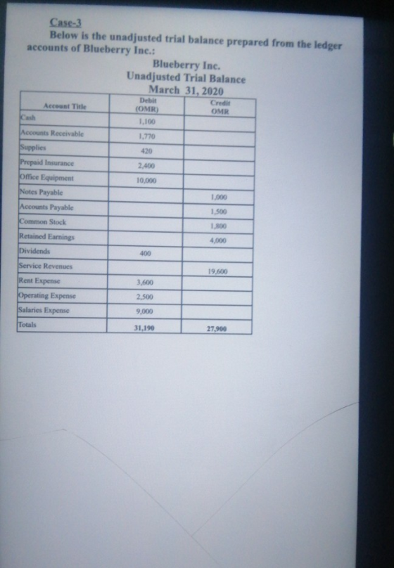Case-3 Below is the unadjusted trial balance prepared from the ledger accounts of Blueberry Inc.: Blueberry Inc. Unadjusted T
