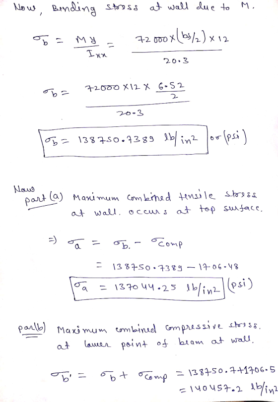 Now, Bending stress at wall due to M. ba MY Ixn 72000x (bs/2) x12 - 20.3 oba 72000 X 12 X Go S2 2 2003 b= 13875067389 eblin2