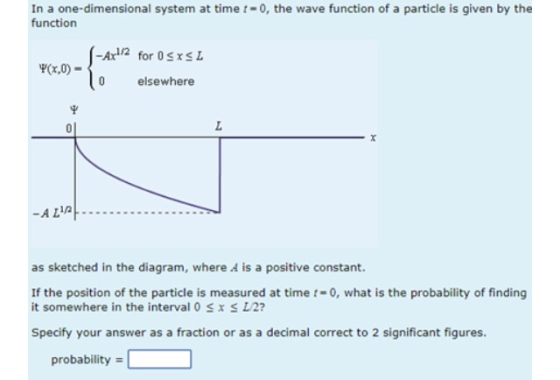 In a one-dimensional system at time t-0, the wave function of a particle is given by the function xfor 0SxSL 0 elsewhere -A opl as sketched in the diagram, where A is a positive constant. If the position of the particle is measured at time t-0, what is the probability of finding it somewhere in the interval 0 sx S L22 Specify your answer as a fraction or as a decimal correct to 2 significant figures. probability