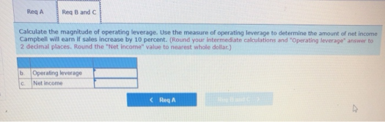 ReqA Req B and C Calculate the magnitude of operating leverage. Use the measure of operating leverage to determine the amount
