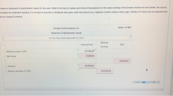 Prepare a statement of stockholders equity for the year. Refer to the lists of Labels and Amount Descriptions for the exact