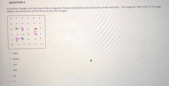 QUESTION 5 3 positive charges are moving inside a magnetic field as indicated by the directions of the velocities. The magnet