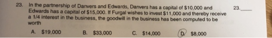 23. 23 in the partnership of Danvers and Edwards, Danvers has a capital of $10,000 and Edwards has a capital of $15,000. If F