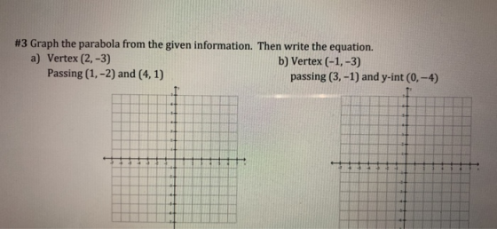 #3 Graph the parabola from the given information. Then write the equation. a) Vertex (2,-3) b) Vertex (-1,-3) Passing (1, -2)