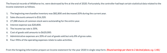 The financial records of Wildhorse Inc. were destroyed by fire at the end of 2020. Fortunately, the controller had kept certa