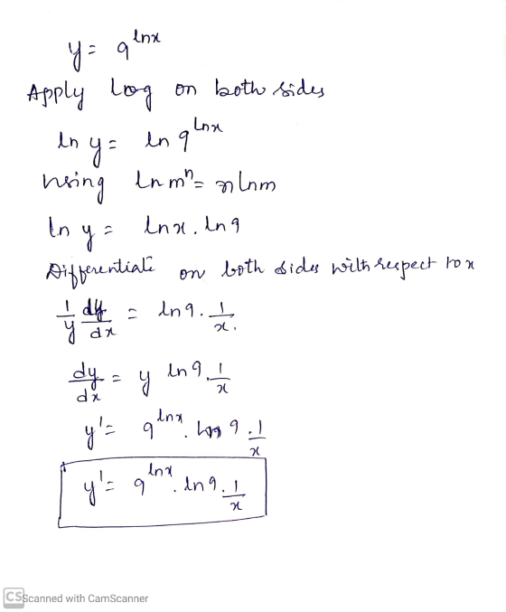 y = q lnx Apply log on both sides enga en glon using In mn=nlam In y= lnx.ang Differentiale on both dides with respect ton ob