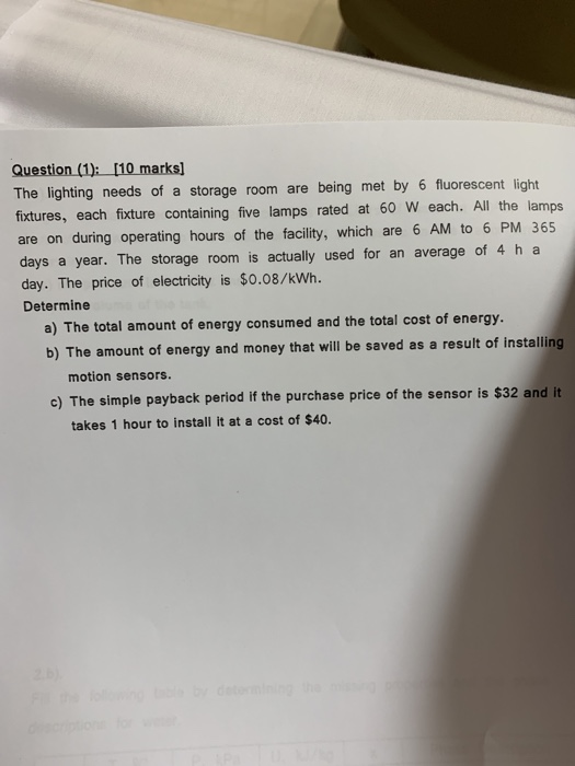 Question (1): [10 marks] The lighting needs of a storage room are being met by 6 fluorescent light fixtures, each fixture con