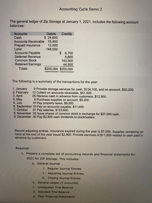 Accounting Cycle Demo 2 The general ledger of Zip Storage at January 1, 2021, includes the following account balances: Accoun
