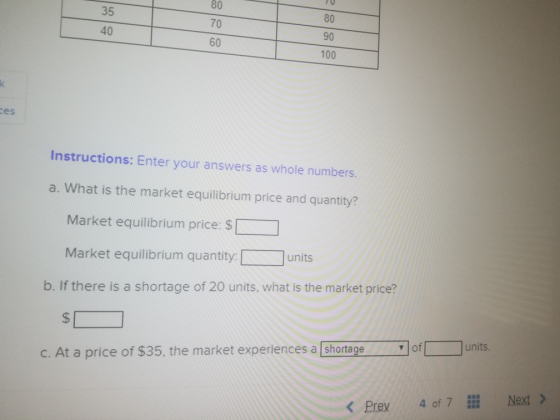 - 35 40 80 70 60 80 90 100 Instructions: Enter your answers as whole numbers. a. What is the market equilibrium price and qua