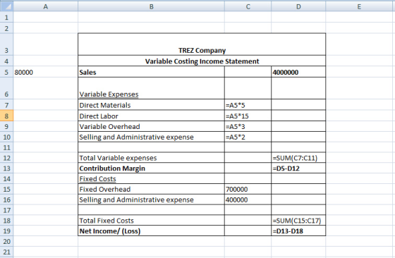 А в TREZ Company Variable Costing Income Statement 5 80000 Sales 4000000 -A5*5 Variable Expenses Direct Materials Direct Labo
