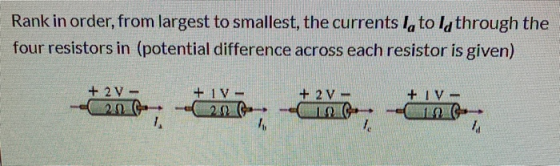 Rank in order, from largest to smallest, the currents I, told through the four resistors in (potential difference across each