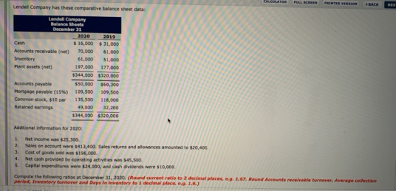 ULLULITUR FULL CREEN PRINTER VERSION BACK NE Lendell Company has these comparative balance sheet data: Lendell Company Balanc