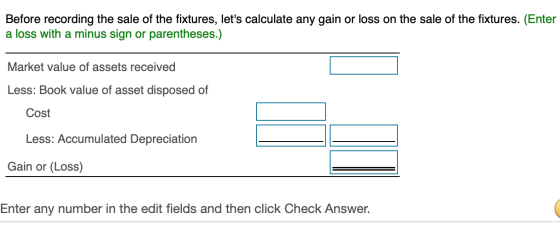 Before recording the sale of the fixtures, lets calculate any gain or loss on the sale of the fixtures. (Enter a loss with a