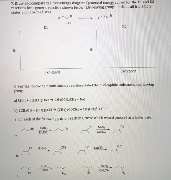 7. Draw and compare the free-energy diagram (potential energy curve) for the E1 and E2 reactions for a generic reaction shown