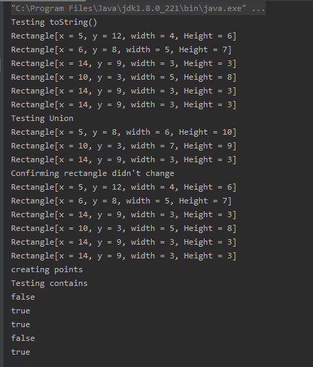 C: \Program Files\Java\jdk1.8.0_221\bin\java .exe Testing toString ( ) Rectangle [x = 5, y = 12, width = 4, Height 6] Recta