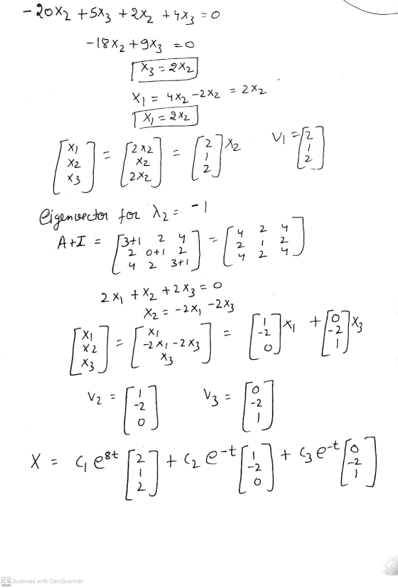 -20x2 +5X3+2X₂ +4X3 -18X2 +9X3 - TX3=2X2 X = 4X2 - 2X2 = 2X2 TX,=272 2 Xz X1 X2 } (2x2 X2 2X2 3 ] X3 - 1 eigenvector for A2=