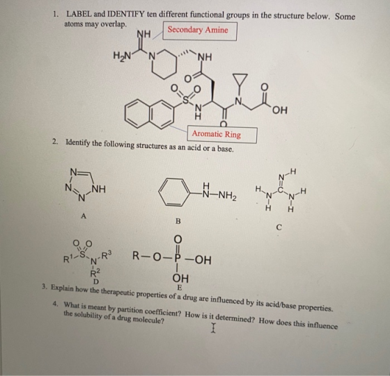 1. LABEL and IDENTIFY ten different functional groups in the structure below. Some atoms may overlap. Secondary Amine NH HN N