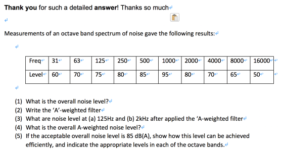 Thank you for such a detailed answer! Thanks so much Measurements of an octave band spectrum of noise gave the following resu