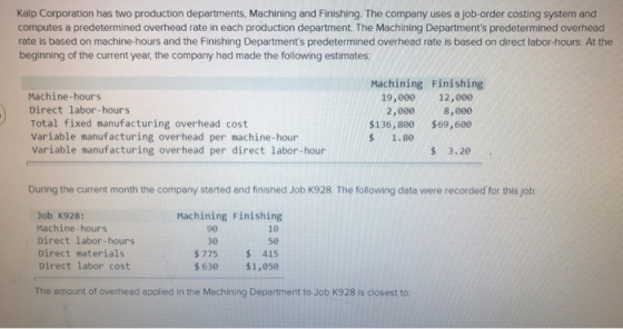 Kalp Corporation has two production departments, Machining and Finishing. The company uses a job-order costing system and com