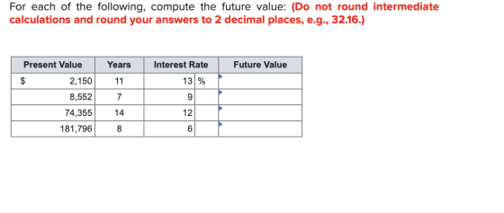 For each of the following, compute the future value: (Do not round intermediate calculations and round your answers to 2 deci