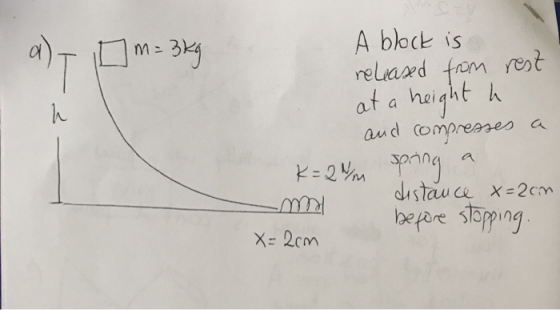 a)- 10 m: 3kg A block is released from rest at a height a and compresses a K=2m spring a distance x=20m before stopping. X=2c