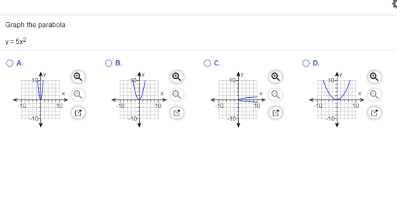Graph the parabola. y = 5x2 OA. OB. OC. OD. х х х 10 10 -10 10 10 10 10 10 LY -10- -10 -104 -10