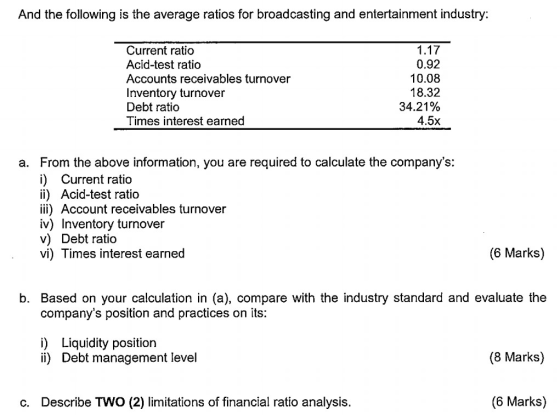 And the following is the average ratios for broadcasting and entertainment industry: Current ratio Acid-test ratio Accounts r