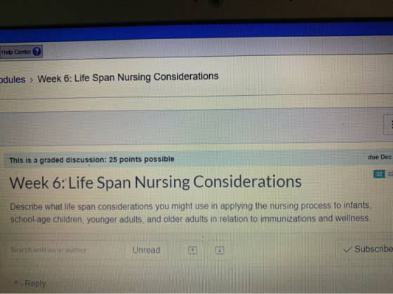 Help Center? pdules > Week 6: Life Span Nursing Considerations This is a graded discussion: 25 points possible due Dec Week 6