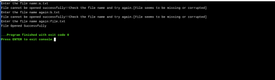 Enter the file name:a.txt File cannot be opened successfully!! Check the file name and try again. [File seems to be missing o