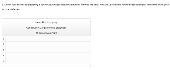 3. Check your answer by preparing a contribution margin income statement. Refer to the list of Amount Descriptions for the ex