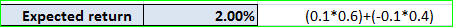 Expected return 2.00% (0.1*0.6)+(-0.1*0.4)