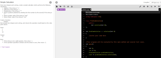 Compiler: CPP (gcc-5.x) 0 Simple Calculator Given two integers and a string, create a simple calculator which performs the fo