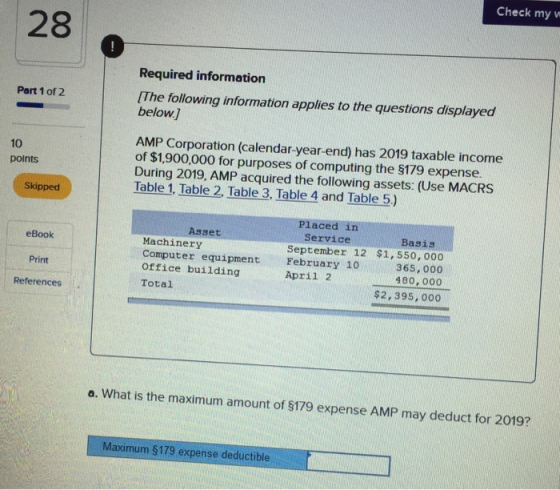 Check my w Part 1 of 2 Required information [The following information applies to the questions displayed below.) 10 points A