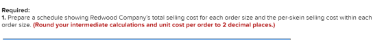 Required: 1. Prepare a schedule showing Redwood Companys total selling cost for each order size and the per-skein selling co