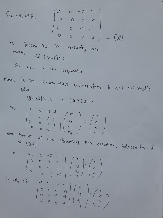 - 2 Re the 24 R3 O 0 O al -6 -2 Row i Second Row in completedy completedy Zero del (o-slao Hence, Son a=1 an eigenvalue. Now,