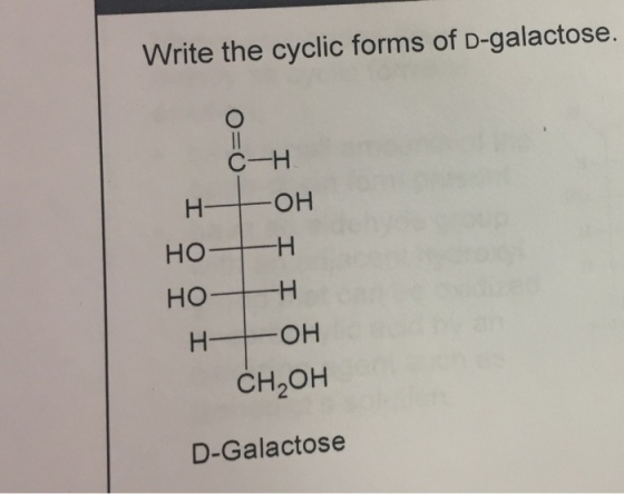 Write the cyclic forms of D-galactose. OH HO H HO H H OH CH2OH D-Galactose