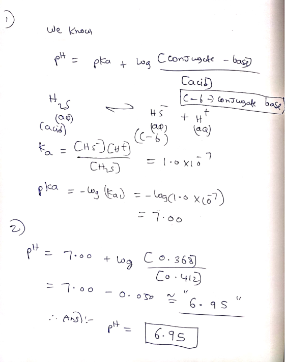 we know, pH = pka + log (conjugate - base Cacid] . HS leaba conjugate base) + Ht (acid) levey ka = CH s») Cor (cm Chis) = 1.0