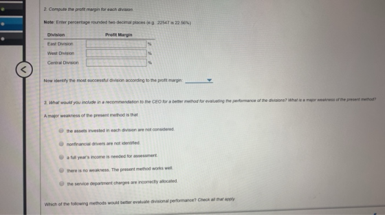 2. Compute the profit margin for each division Note: Enter percentage rounded two decimal places (eg. 22547 is 22 56%) Pront