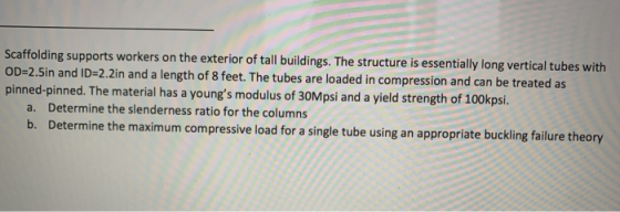 Scaffolding supports workers on the exterior of tall buildings. The structure is essentially long vertical tubes with OD=2.5i