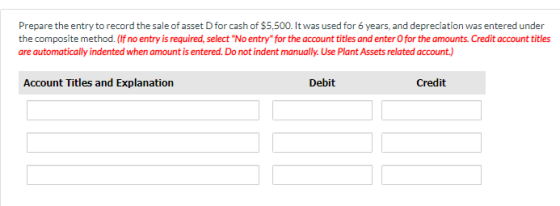 Prepare the entry to record the sale of asset D for cash of $5,500. It was used for 6 years, and depreciation was entered und