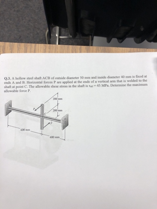 Q.3. A hollow steel shaft ACB of outside diameter 50 mm and inside diameter 40 mm is fixed at ends A and B. Horizontal forces P are applied at the ends of a vertical arm that is welded to the shaft at point C. The allowable shear stress in the shaft is tall 45 MPa. Determine the maximum allowable force P 200 mm 200 mm 600 mm 400 mm