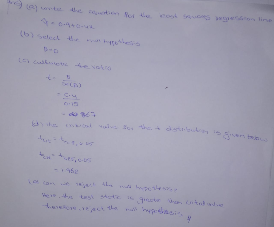 (a)ite the cauation o e leost saueres yegression line (b) select e nul hpothes Se (B) o.15 -t を比-%25İ 0.05 1.962 a con se veject e n hypotlesis2 tatre heoter Al-an ital volve eeoreneje えhe nulhypo4hes