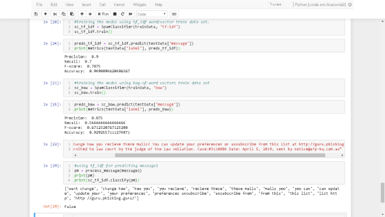 le Edit View Insert l Kenel Widgets Help TrustedPython [conda env Anaconda3] O In [20]: | 1 #training the modeL using tf_1df