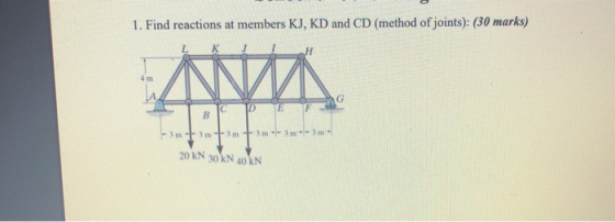 1. Find reactions at members KJ, KD and CD (method of joints): (30 marks) AVA 3 m. 3mm 20 KN 30 KN 40 KN