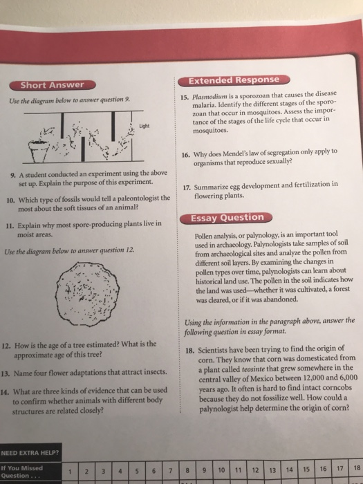 Short Answer Extended Response Use the diagram below to answer question 9. 15. Plasmodium is a sporozoan that causes the dise