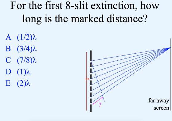 For the first 8-slit extinction, how long is the marked distance? A (12)λ C D E (78)λ (1)λ (2)λ far away screen