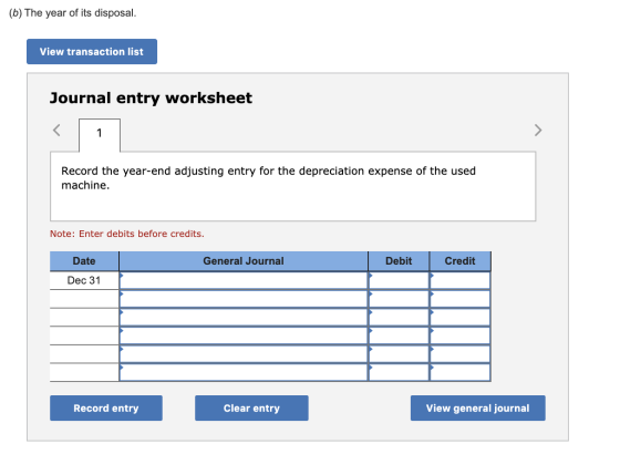 (b) The year of its disposal. View transaction list Journal entry worksheet Record the year-end adjusting entry for the depre
