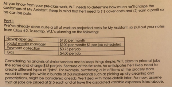 As you know from your pre-class work, W.T. nee wirom your pre-class work. W.L. needs to determine how much hell charge me cu